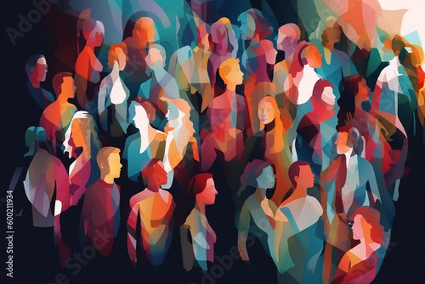Obraz Abstract group of crowded colorful people illustration. Mob of people. Pulse of the Crowd. Confusion of people. Multiple colored. Generative AI