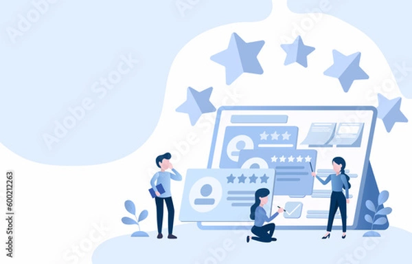 Fototapeta Online customer positive review source of feedback for business. Businessman use reviews to analyze rating stars and customer satisfaction to improve products or services and develop a loyal customer.