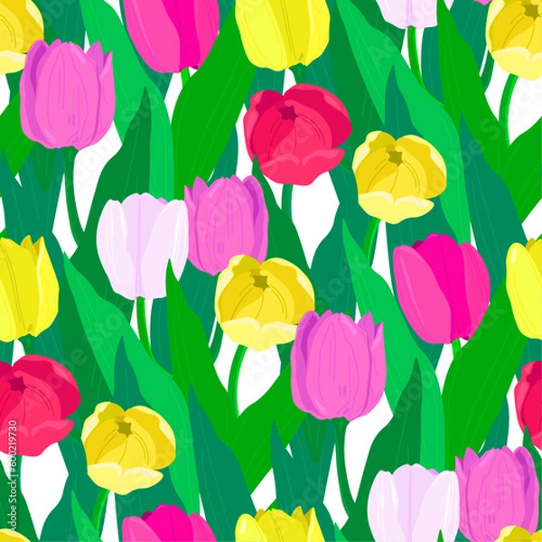 Obraz Seamless pattern with tulips. Bright festive floral background and card.