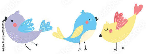 Obraz Set of bright cute colorful birds with spring flowers. Vector birds are drawn in a modern style. Illustrations for postcard, banner and poster templates. Birds isolated on white background