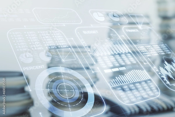 Obraz Abstract virtual analytics data spreadsheet on coins background, analytics and analysis concept. Multiexposure