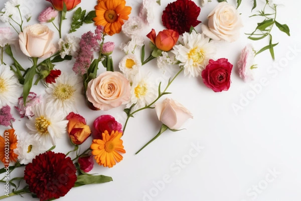 Obraz Flowers Scattered On A White Background