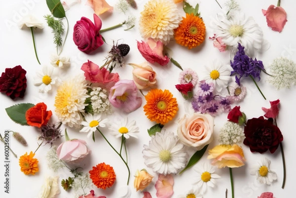 Obraz Flowers Scattered On A White Background