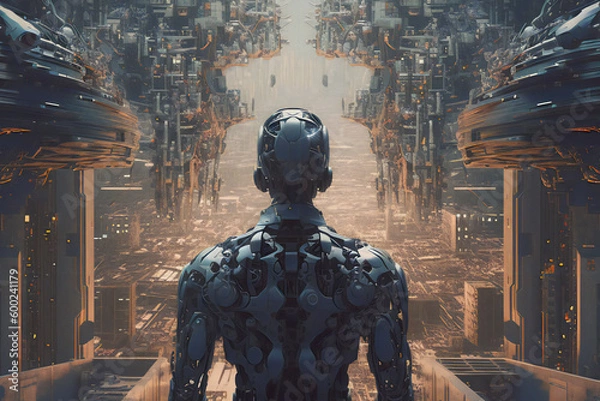 Fototapeta cyborg standing on a hill and looking at the future world, 4k wallpaper, digital artwork, high resolution, fotorealistic, generative ai