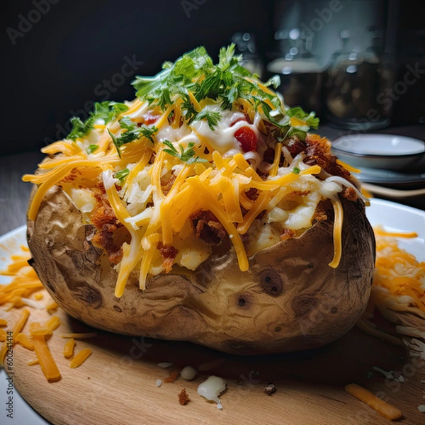 Fototapeta Perfect loaded baked potato with cheese, bacon, and chives created with Generative AI technology