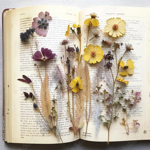 Obraz Vintage yellow dried flowers and herbal pressed in the book. Dry rustic bloom floral herbarium in album. Generative AI 