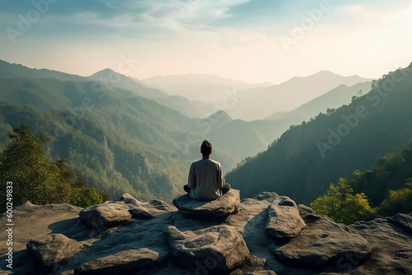 Fototapeta A person meditating on top of a hill, overlooking a vast landscape of mountains and forest. AI generative