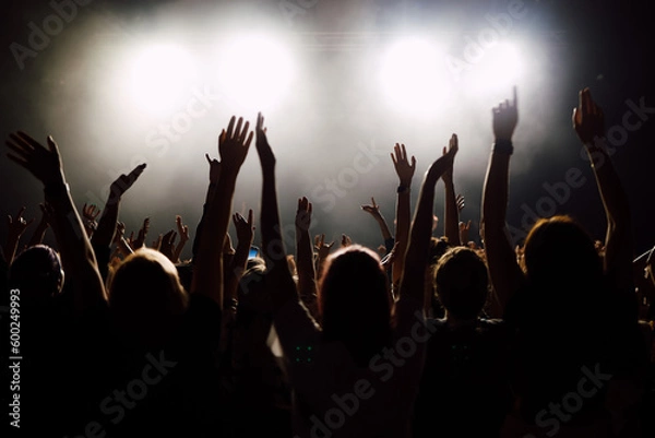 Obraz View to stage from the crowd at the music concert. silhouettes  of raised up hands