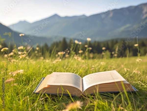 Fototapeta Book on the meadow with mountain at background. AI generative