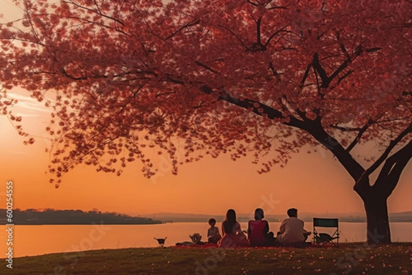 Fototapeta the silhouette of a family enjoying a picnic under a cherry blossom tree in sunset sky. AI generative