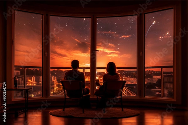 Fototapeta The back of a couple sitting by the hotel window, The view through the window is a starry night. AI generative