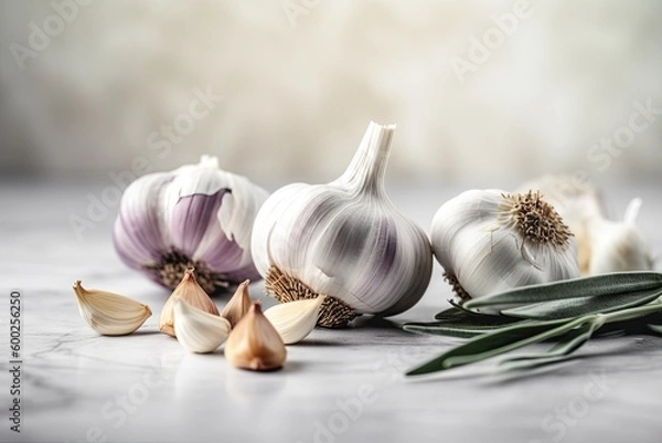 Fototapeta Fresh garlic bulbs with rosemary and pepper on white marble board. Ai generative.
