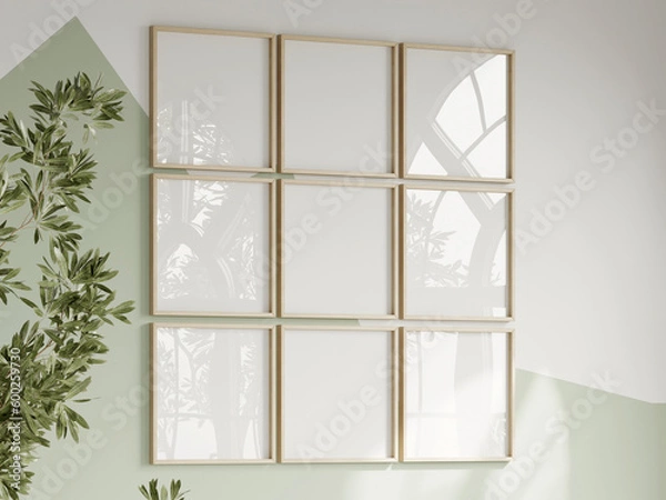 Fototapeta nine square frames on the white and green wall, boy room interior frame mockup, print mockup, baby room mockup, kids room mockup, nursery interior frame mockup, gallery wall mockup, 3d render
