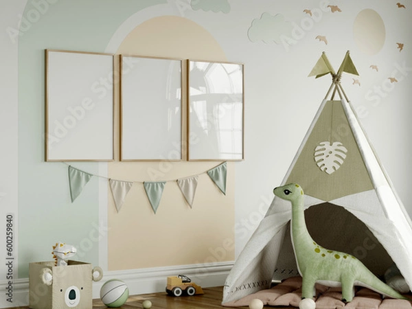 Fototapeta Frame mockup in green kids room interior with dinosaur toy, three vertical frames mockup, 3d render