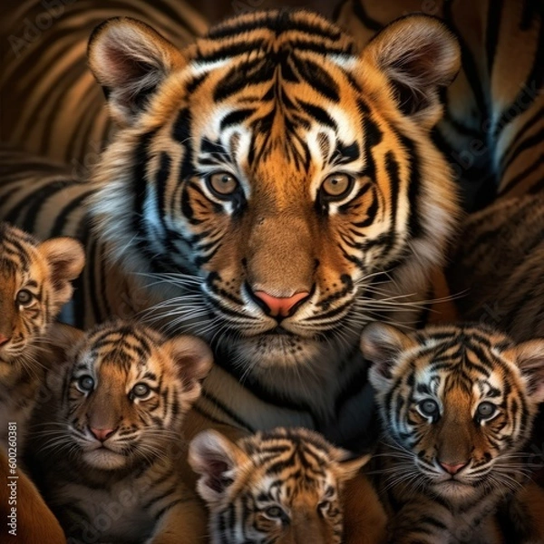 Fototapeta A closeup of a cute group of tiger, highly tiger, a bunch of tiger, clan of tiger, a stack of tiger, a heap of tiger, posteresque, higly collored, stunning, catchlight, super cute