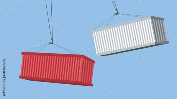 Fototapeta Trade concept, port crane lift two cargo containers. vector illustration backgrounds. Isolated vector. Blue background.