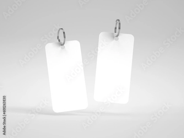 Fototapeta Blank metal square white key chain mockup top view, 3d rendering. Clear silver keychain design mock up isolated. 3d illustration isolated on white background.