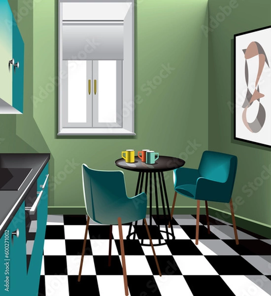 Obraz modern interior of the kitchen in green colors with a window, round black table, abstract picture on the wall and black and white squared floor.