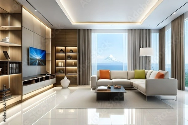 Fototapeta very organised modern living room created with Generative AI technology	