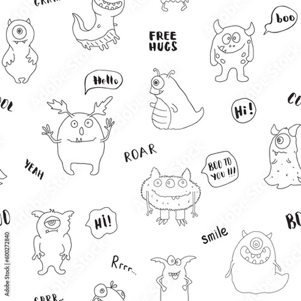Fototapeta Cute monsters seamless pattern. Cartoon monsters background. Vector illustration