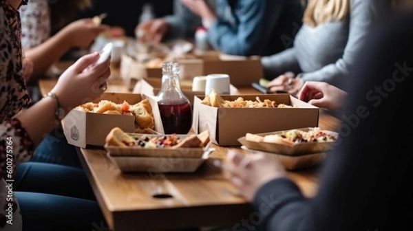 Fototapeta group of coworkers having a team lunch or break generative ai