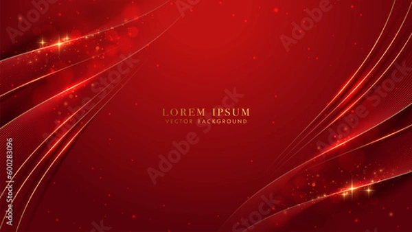 Fototapeta Golden lines with curve light, sparkle glowing effect and bokeh elements. Red luxury background style vector design