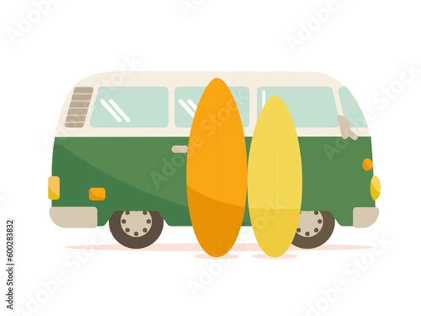 Obraz 黄色のサーフボードを二枚立てかけたカーキ色のバン