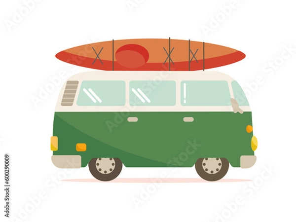 Obraz 右向きのオレンジのカヤックを運搬するカーキ色のバン