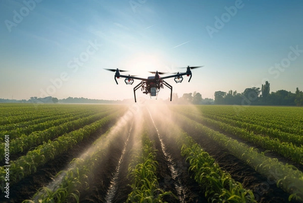 Fototapeta drone spraying crops in agricultural setting with blue sky with Generative AI