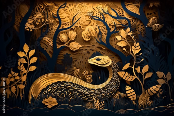 Fototapeta A mesmerizing silver and gold paper cut illustration of a snake in a forest at night, with intricate nature-inspired patterns. generative AI.