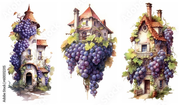 Obraz Watercolour fantasy grapes houses. Greeting cards and envelopes artwork project set.