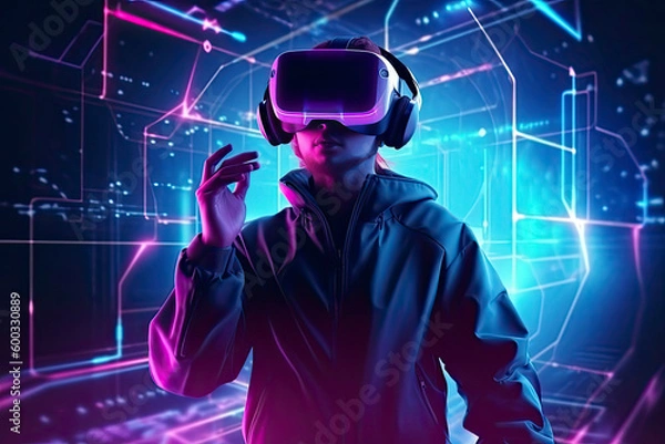 Fototapeta Abstract image of woman using VR headset - 3D generated image.