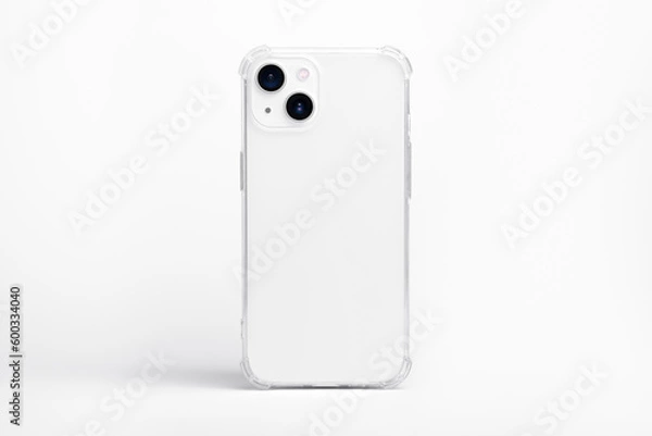Obraz white iPhone 14 in clear transparent soft silicone case back view. Phone case mockup isolated on grey background