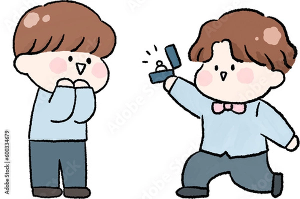 Fototapeta 나비넥타이와 정장을 입고 무릎을 꿇어 사랑하는 사람에게 프로포즈하는 남자.