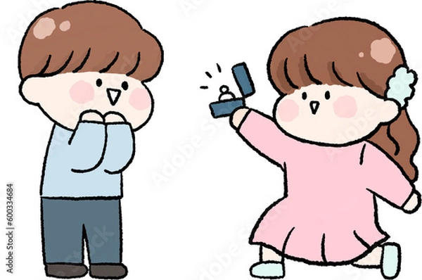 Obraz 분홍색 드레스를 입고 무릎을 꿇어 사랑하는 사람에게 프로포즈하는 여자.