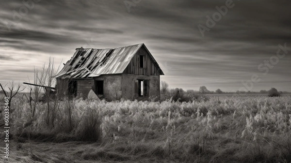 Fototapeta A black and white illustration of an old abandoned barn in a rural setting. generative ai