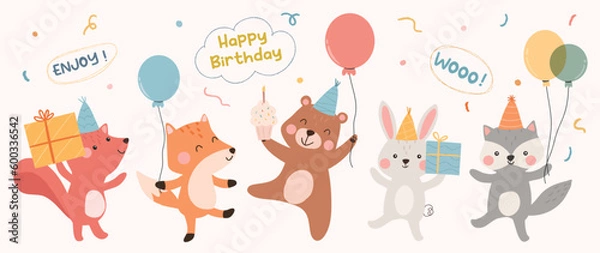Fototapeta Happy birthday concept animal vector set. Collection of adorable wildlife, fox, balloon. Birthday party funny animal character illustration for greeting card, invitation, kid, education, prints.