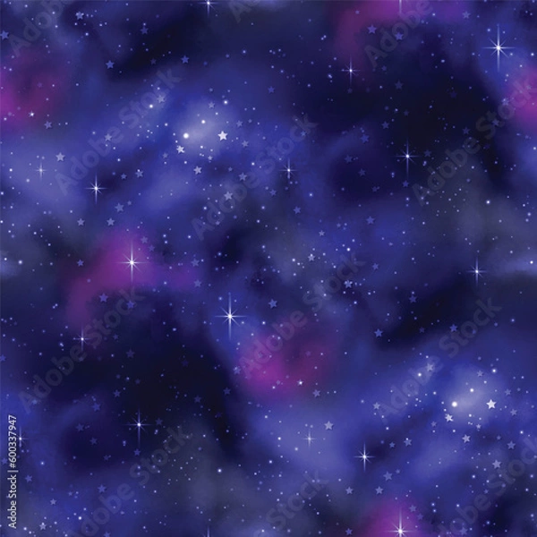 Fototapeta Endless Texture of Cosmic Universe with Cute Stars. Decorative Design for Prints, Fabrics, Wallpapers etc. Night Sky with Constellations, Nebulas etc. Seamless Pattern. Vector illustration