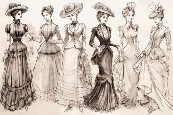 Fototapeta Fashion Book, blending ink pen sketches & watercolor, revealing Victorian Era design concepts. Dive into style, patterns, & haute couture with vivid illustrations & designer insights. Generative AI