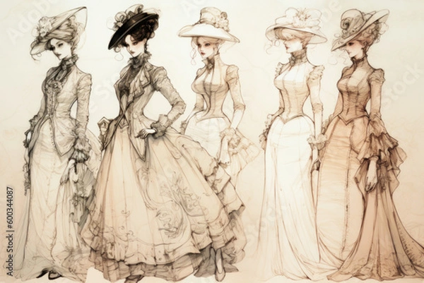 Fototapeta Fashion Book, blending ink pen sketches & watercolor, revealing Victorian Era design concepts. Dive into style, patterns, & haute couture with vivid illustrations & designer insights. Generative AI