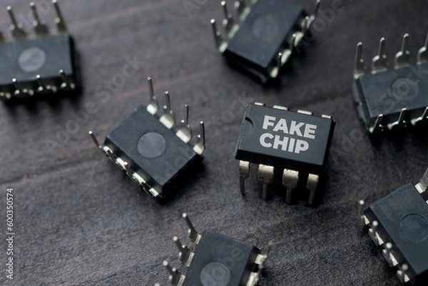 Fototapeta Fake chip concept: a bunch of integrated circuit on a wooden table