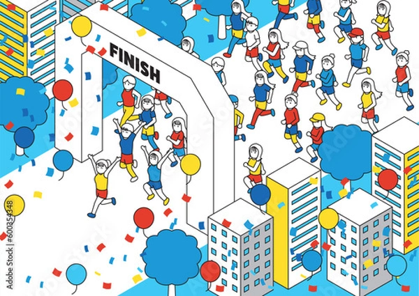 Obraz アイソメトリック　走る女性　ゴール　フィニッシュ