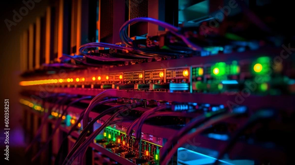 Fototapeta Row of network servers with glowing LED lights.