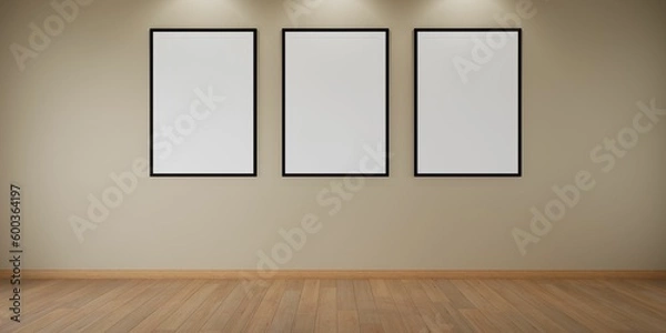 Fototapeta 3 cadres vides accrochés sur un mur en ciment avec des spots, illustration pour intégration, rendu 3d
