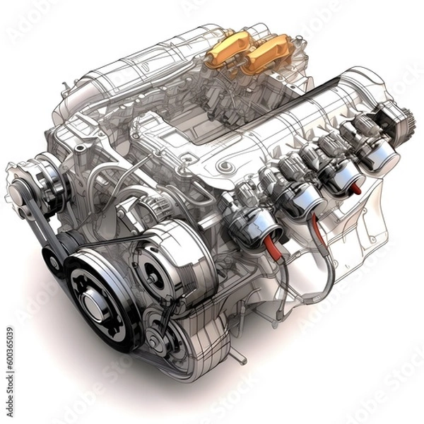 Fototapeta Car engine design plan over white background. Created with Generative AI technology.
