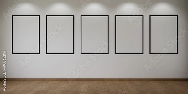 Fototapeta 5 cadres vides accrochés sur un mur blanc avec des spots, illustration pour intégration, rendu 3d
