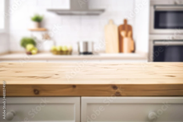 Fototapeta Empty wooden table top on blurred kitchen interior background. Generative AI.