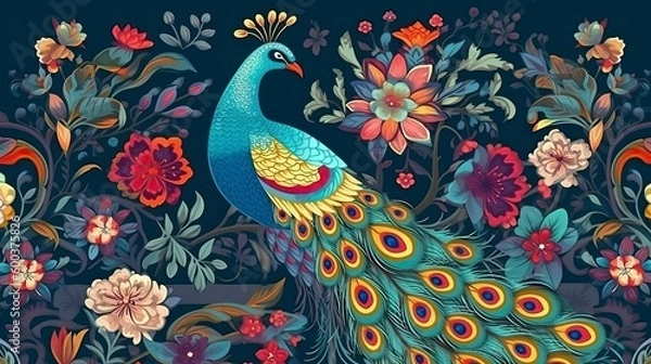 Obraz Exotic oriental pattern with peacocks and flowers in bright color background, Generative AI