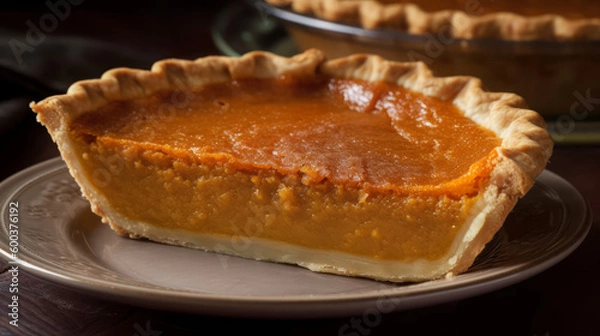 Fototapeta Sweet potato pie: A Southern American dessert similar to pumpkin pie, but made with mashed sweet potatoes, eggs, and spices. Generative AI Art Illustration