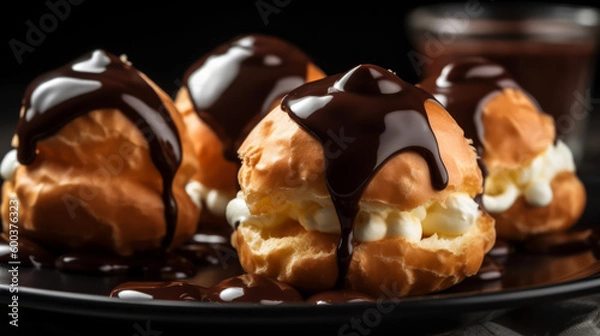 Fototapeta Profiteroles: A French dessert made with choux pastry puffs filled with whipped cream or pastry cream and topped with chocolate sauce. Generative AI Art Illustration